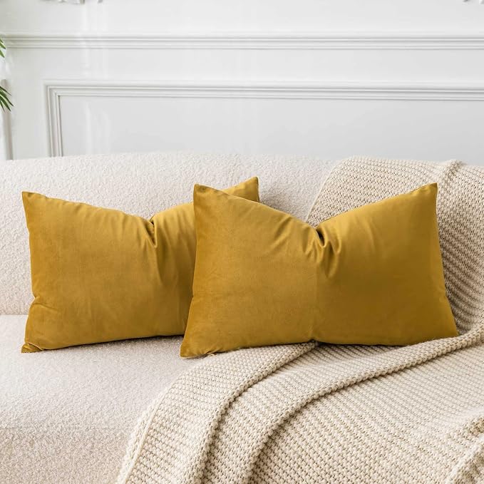 16x24 Velvet Throw Pillow Covers Set of 2 for Couch Bed Sofa,Mustard Yellow | Decorative Soft Pillow Covers with Invisible Zipper for Couch Sofa Bed Living Room Bedroom Home Decor