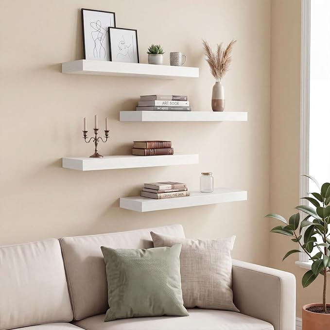 Fixwal Floating Shelves for Wall Decor (White, Set of 4, 15.7 Inch) | MDF Shelves with Metal Brackets, Space Saving for Books, Decor, Works in Bathroom, Kitchen, Living Room, Bedroom