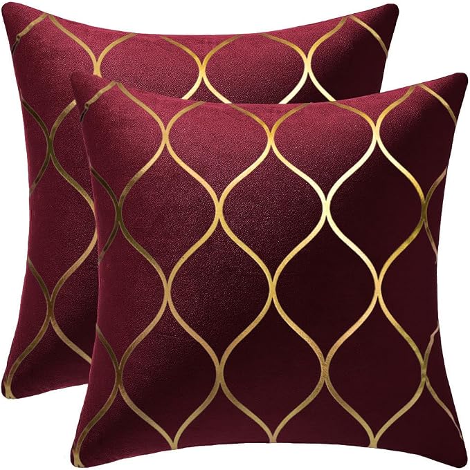Gold Velvet Throw Pillow Covers: 2 Pack 20x20 Inch Square Decorative Pillow Cases for Bedroom Sofa Couch Living Room, Christmas Burgundy Red