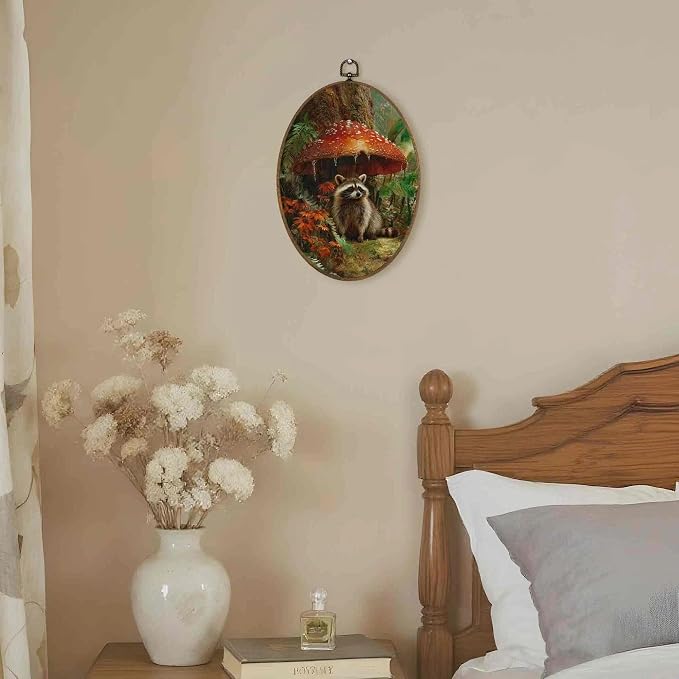 LKETW Dark Cottagecore Raccoon Mushroom Oval Wall Art Decor, Moody Cottage Oval Canvas Hanging Decor, Whimsical Botanical Raccoon Mushroom Wall Decorations for Home Bedroom Living Room, 8.6x11.4 Inch