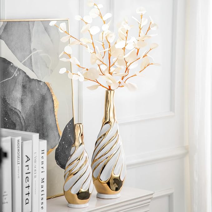 Yundu Gold with White Vase Set of 2 | Pampas Grass Vase, Ceramic, Boho & Modern Centerpieces, Living Room, Shelf, Coffee, Home Decor