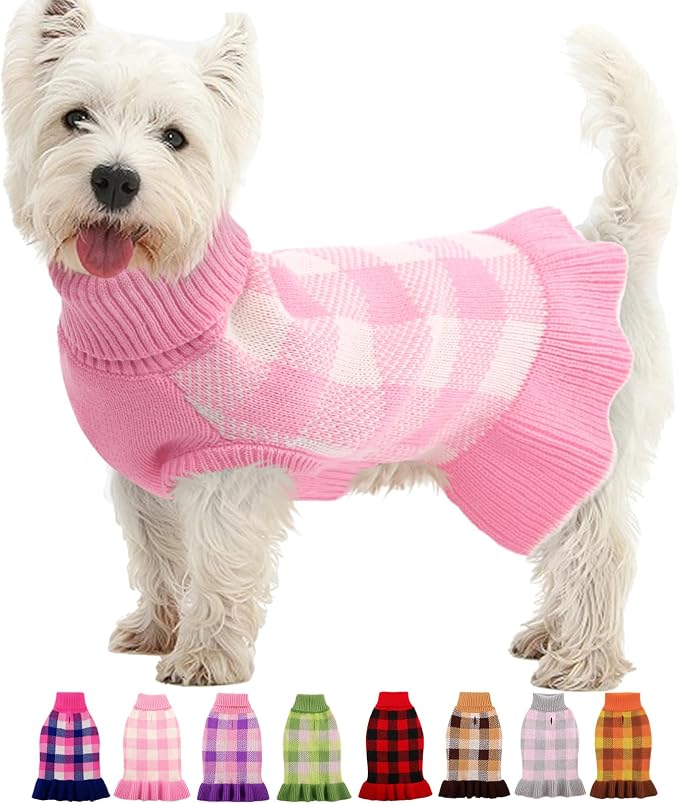 Dog Sweater Dress Plaid Knitwear for Small Medium Dogs Warm Puppy Pet Turtleneck Stretch Pullover Cute Fall Winter Vest Clothes with Leash Hole for Christmas (Pink, XS)