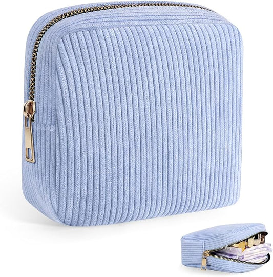 Corduroy Period Pouch Small Discreet Period Bag Sanitary Napkin Storage Bag Cute Menstrual Pad Pouch Tampon Bag for Purse Portable Zipper Makeup Bags for Women Ladies Blue