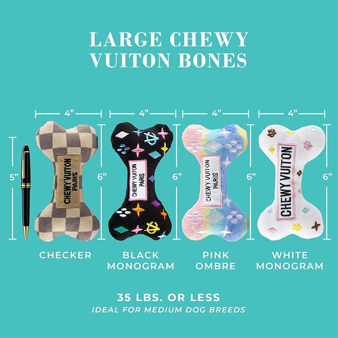 Haute Diggity Dog Chewy Vuiton Bones Plush Dog Toy Set, Designer Parody Toy