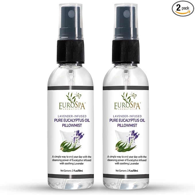 EuroSpa Aromatics Lavender-Infused Pure Eucalyptus Oil Pillow Mist Sleep Spray - Deep Sleep Pillow Spray - Lavender Bed Spray - Lavender Spray Sleep Mist - Lavender Linen Spray for Bedding - 2oz
