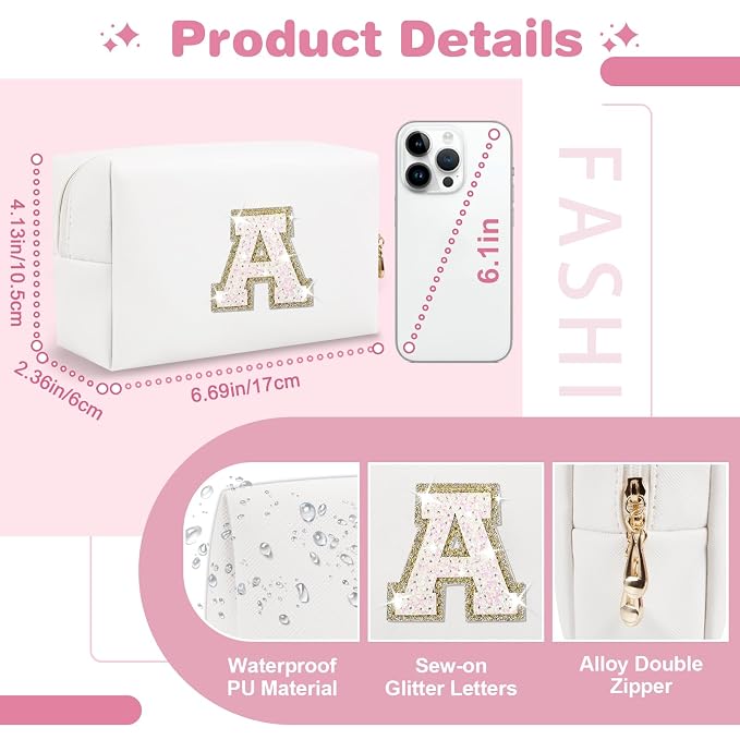 Small Initial Patch Makeup Bag Personalized Gifts Make Up Bag,White Cute PU Leather Glitter Letter Cosmetic Bag with Zipper,Trendy Portable Travel Toiletry Pouch,Preppy Stuff for Teen Girls Women A