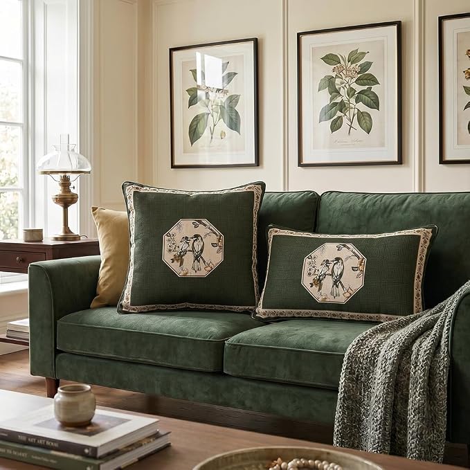 Vintage Linen Square Throw Pillow Cover,Set of 2,18"x18"-Murad E | Designer French Green Pillow Cover,Concealed Zipper Design,Floral and Bird Pattern,Sofa,Bedroom,Living Room,Lounge Chairs