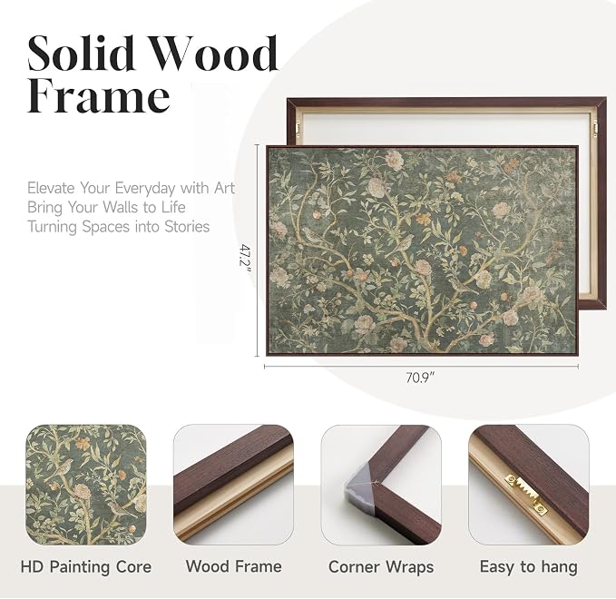 Extra Large Framed Green Vintage Botanical Wall Art for Living Room, 72x48 | Oversized, Canvas print, Retro green, Floral picture, Bird, Wall art bedroom, Dining room wall decor, Solid wood frame