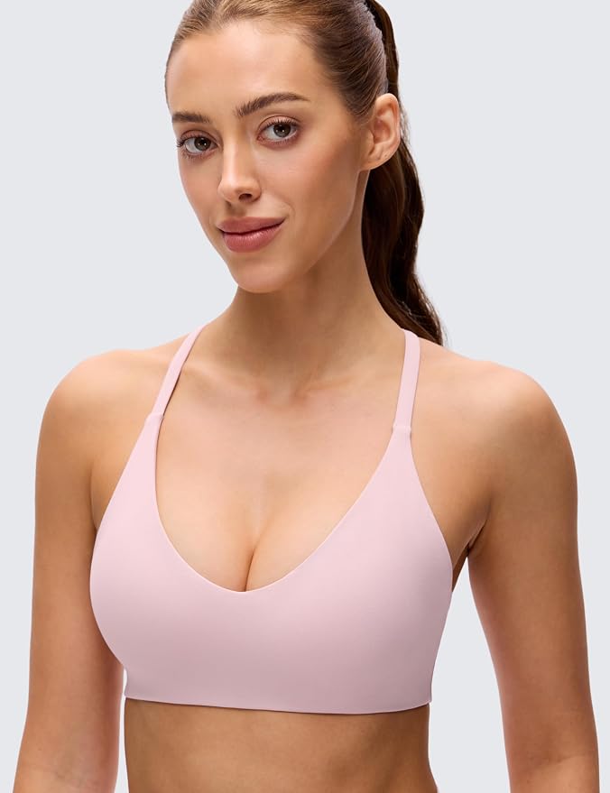 CRZ YOGA Butterluxe Low Coverage V Neck Sports Bras for Women - Spaghetti Straps Racerback Padded Yoga Top
