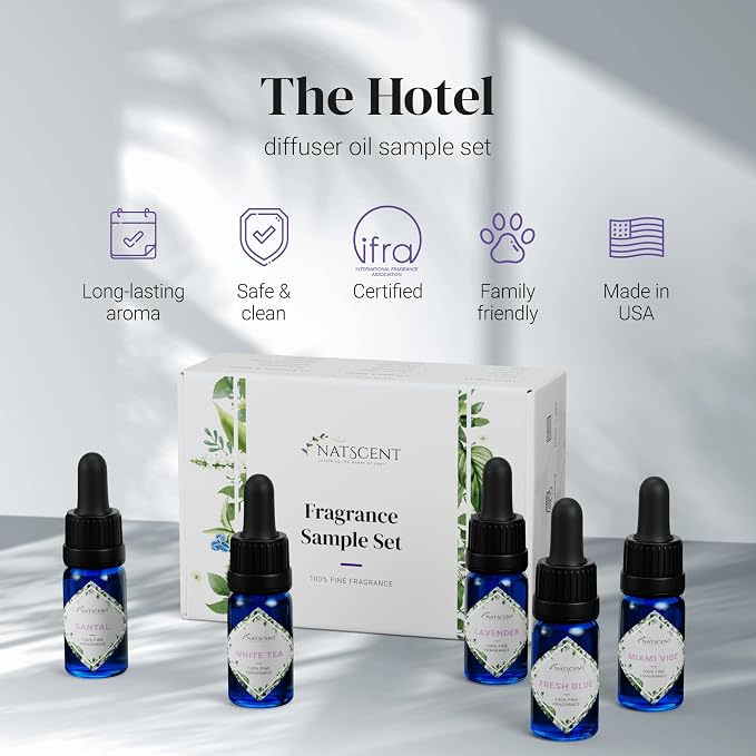 the Hotel Fragrance Oil Set, Fragrance Oils for Diffusers for Home, Hotel Collection Diffuser Oil Set with Santal, White Tea, Fresh Blue, Lavender, Miami Vibe, 5 x 0.33oz
