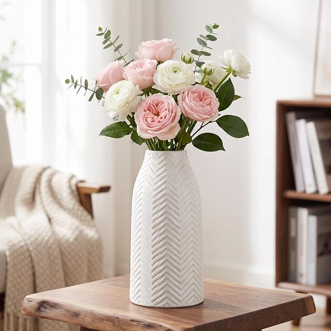 hjn White Vase for Flowers Ceramic Vase for Decor, Modern Decorative Tall Vases for Your Kitchen/Office/Living Room/Bookshelf/Mantel - White Texture(Medium)