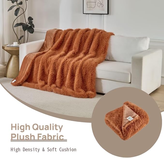 Luxury Fluffy Faux Fur Throw Blanket, Thick Silky Cozy Plush Blanket for Couch, Sofa, Chair, Bed - Burnt Orange, 60x80 Inches