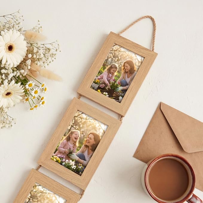 QUTREY 4x6 Collage Picture Frames, 6 Openings Vertical Hanging Photo Frame Set of 2 for wall, 4 by 6 inch Multi Picture Frames for Mother's Day Birthday Anniversary, Natural Wood