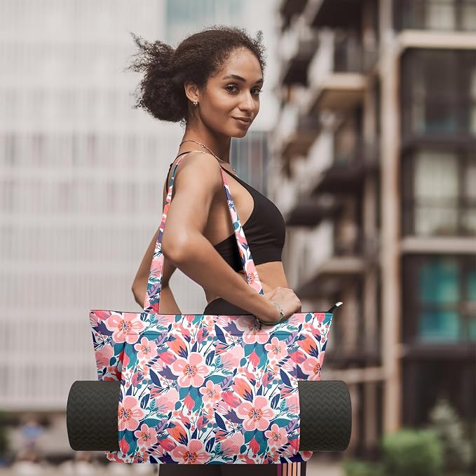 Yoga Bag for Women, Large Canvas Yoga Mat Tote Bag with Yoga Mat Carrier - Large Mat Pocket Fitness Tote for Pilates, Gym, Travel, Office & Beach