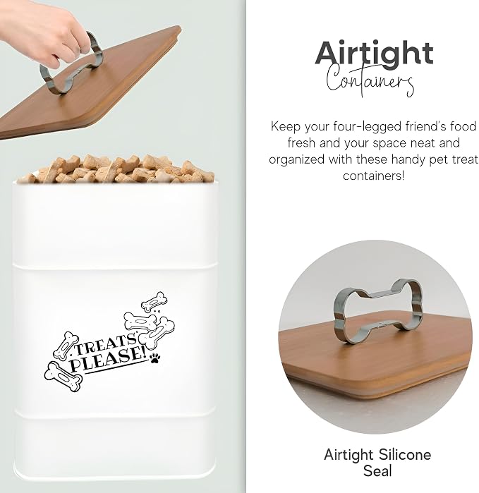 Treat Container w/Airtight Bamboo Lid 2 Pack - Farmhouse Large Treats Jar - Dog Treat Jars for Kitchen Counter - Dog Treat Jar - Metal Canister for Cookies & Biscuits - Pet Treat Container