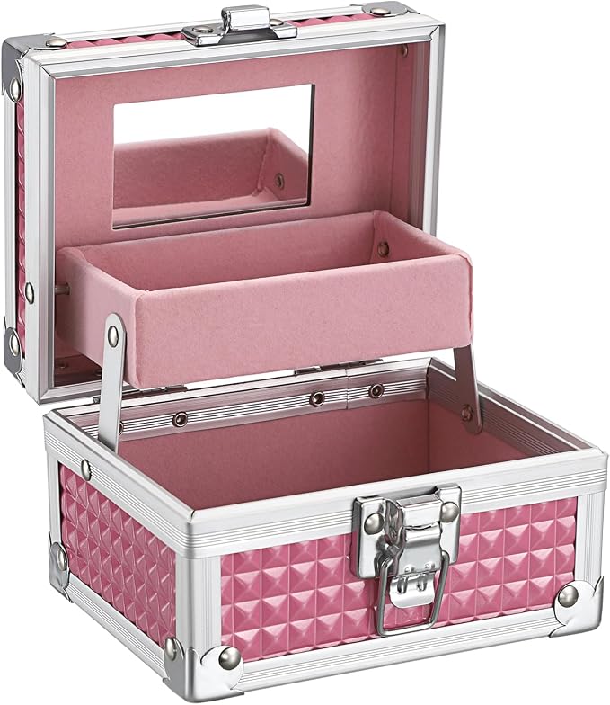 Hipiwe 2-Layer Decorative Jewelry Box Pink Hair Accessories Stotage Case | Metal Jewelry Trinket Organizer Box with Mirror and Drawer for Earrings Rings Necklace, 4.7" x 3.7" x 3.1"