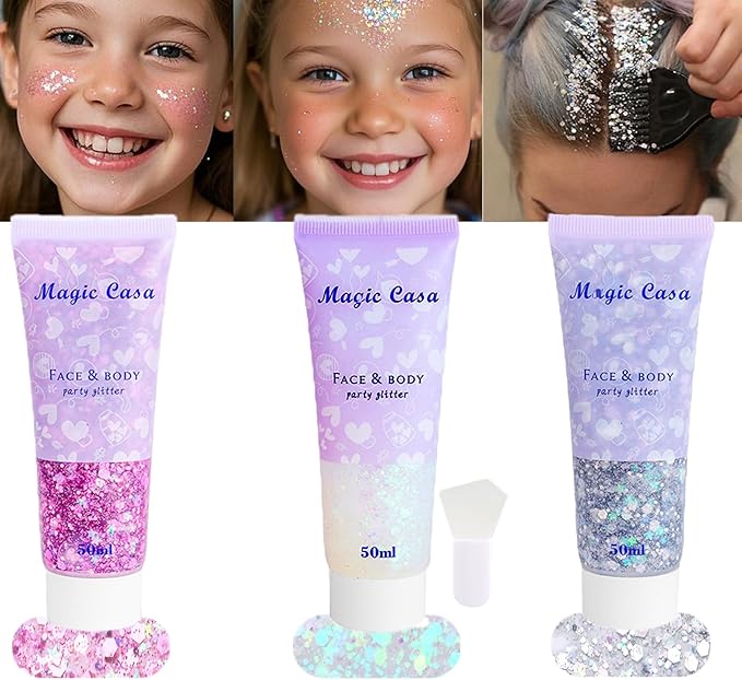 Body Glitter White & Silver & Pink 150ml Face Hair Self Adhesive Gel Accessories Cosmetic Glitter Long Lasting Chunky Sequins Glitters for Eye Lip Nails Gel Festival Rave