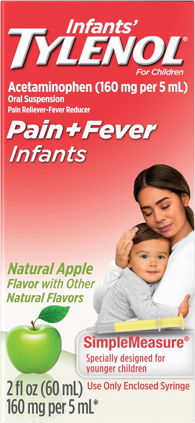 Infants’ Tylenol Oral Suspension Liquid Medicine with Acetaminophen, Baby Fever Reducer & Pain Reliever for Minor Aches & Pains, Sore Throat, Headache & Teething Pain, Dye-Free Apple Flavor, 2 fl. oz