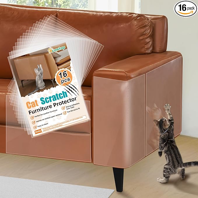 Acostop 16 Pack 17"x11.8" Cat Scratch Furniture Protector for Leather Couch | Easy to Remove Anti-Scratch Couch Protector from Cat, No Pins