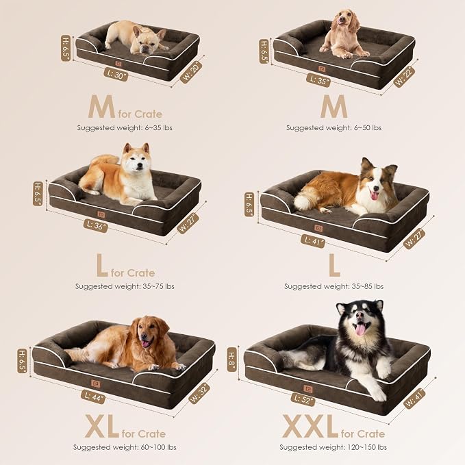 EHEYCIGA Orthopedic Dog Bed Medium Size Dog, Waterproof Washable Pet Beds | Non-Slip Bottom and Egg-Crate Memory Foam Dog Couch Bed with Washable Removable Cover, Brown