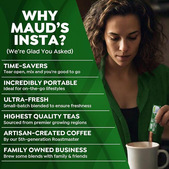 Maud's Matcha Latte Instant Packets, 16 ct, Instant Hot or Iced Matcha Latte - Just add water