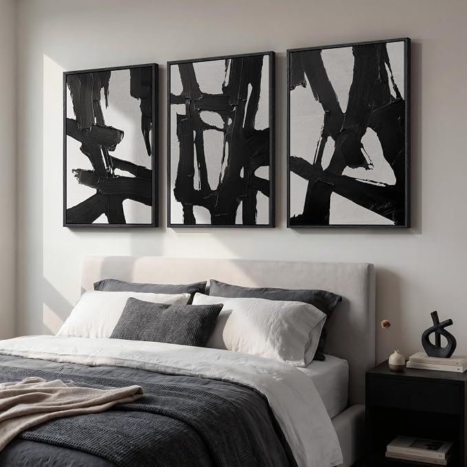 Large Framed Black and White Abstract Wall Art for Living Room, 3 Piece Canvas Prints Paintings Artwork for Walls, Modern Minimalist Wall Decor for Bedroom Dining Room Office hallway 24x36 In