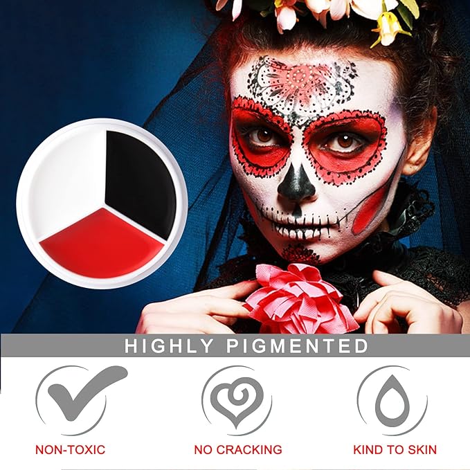 MEICOLY Halloween Clown Makeup Wheel,Cream White Black Red Face Body Paint,Blendable Devil Goths Joker Zombie Vampire Skeleton Cosplay Face Paint Makeup,3 Colors SFX Makeup Palette,12g/0.42 oz