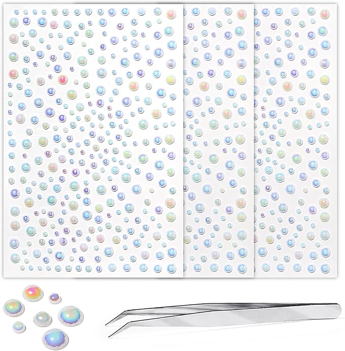 975PCS Gem Stickers Jewels for Crafts Face Gems 3/4/5/6MM Hair Nails Craft DIY Decor Makeup Stick on Body Crystal Clear Crystal Face Jewels for Women Face Gems Dtick On（White）