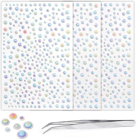 975PCS Gem Stickers Jewels for Crafts Face Gems 3/4/5/6MM Hair Nails Craft DIY Decor Makeup Stick on Body Crystal Clear Crystal Face Jewels for Women Face Gems Dtick On（White）