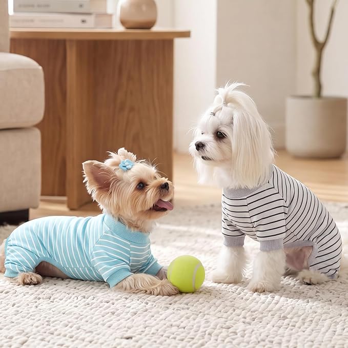 XPUDAC 4 Pack Dog Pajamas Striped Dog Clothes for Small Medium Dogs Girl Boy Comfy Puppy Outfit Doggy Jammies Onesie Pet Costume, Blue, Grey, Green, XXS