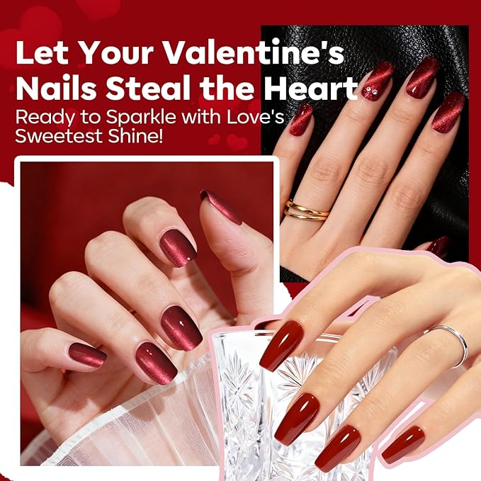 modelones Red Nail Polish Set, 6 Colors Valentines Cat Eye Dark Ruby Cherry Glitter Mini Quick Dry Nail Lacquer Kit, Magnetic Sparkle DIY Nail Art Manicure Gift for Women Girls