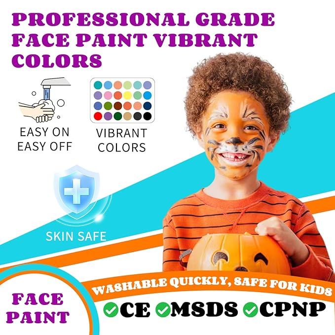 Face Paint Kit for Kids: 20 Colors Water Based Non-Toxic Face Painting Kit, with Brushes, Stencils, Glitter Gems, Ideal for Halloween, Cosplay, Carnival, Birthday Parties Face Body Makeup Kit