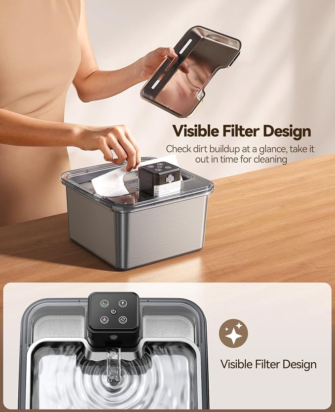 Cat Water Fountain Wireless + 6 Filters: [Visual Filter] & [Heavy-Duty Stainless Steel] FEELNEEDY- Premium, 3.2L/108oz, 4000mAh Battery Operated Pet Fountain with Sensor, for Cats and Dogs