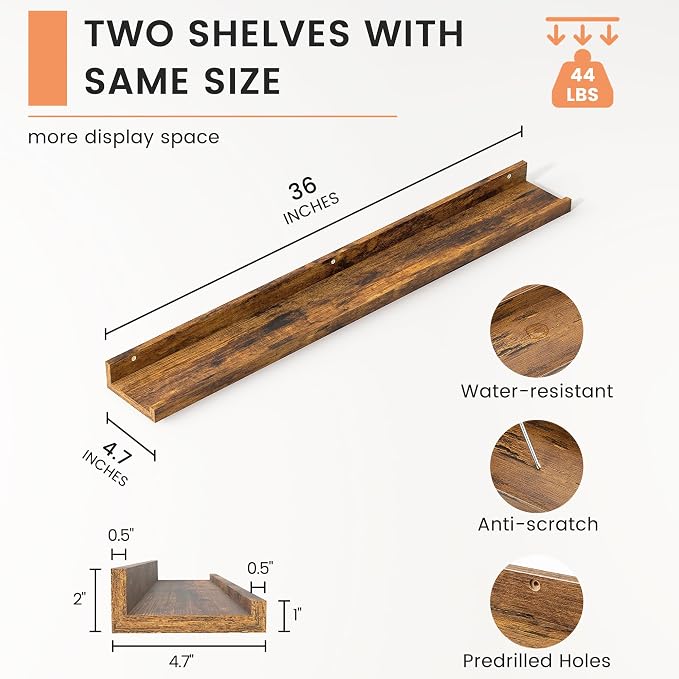 Picture Ledge Shelf, Floating Shelves for Wall, 36" W Set of 2, Brown | FSC Certified Engineered Wood, Wall Mounted Bookshelf, for Nursery Living Room Bedroom, Pre-Drilled, Easy Install
