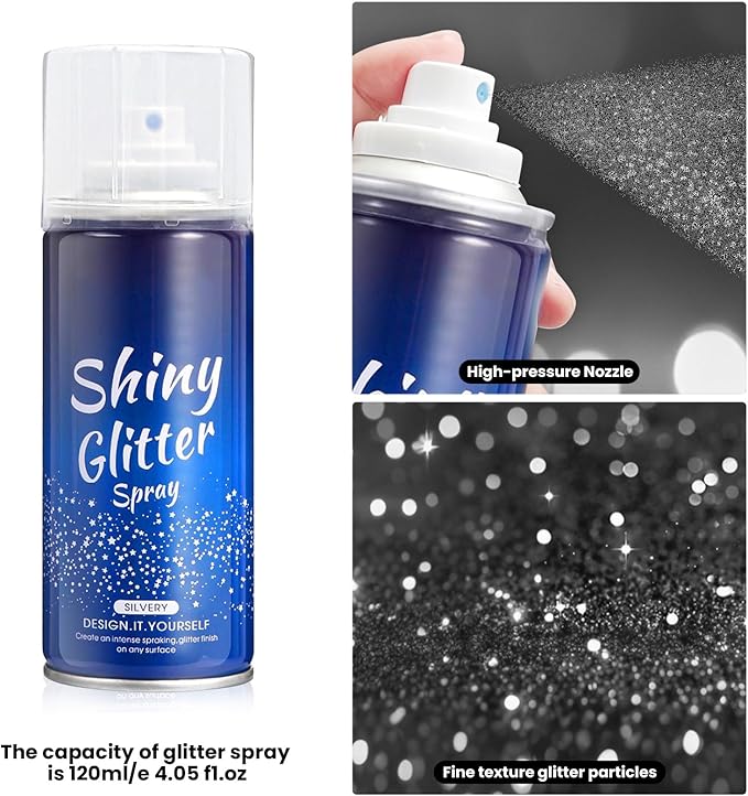 Body Glitter Spray Holographic Silver Glitter Hairspray Shiny Spray for Body Hair Clothes, Quick-Drying Long Lasting Shimmer Makeup for Music Festival Rave Prom Party (4.22 Fl Oz, Silver)