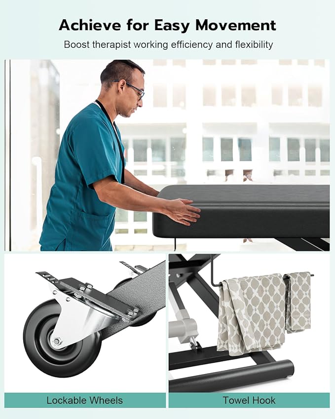 Paddie Flat Electric Lift Massage Table, Professional Spa Bed 6.7" Memory Foam with Adjustable Face Cradle and Rolling Wheels, Black