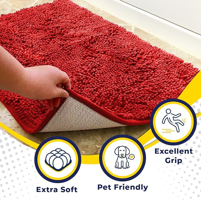 Muddy Mat® | Super Water Absorbent Door Mat Indoor, Microfiber Quick Dry Chenille Entryway Rug, Slip Resistant Front Door Mat, Indoor Mats for Entryway, Machine Washable Pet Rug, Red 59"x24"