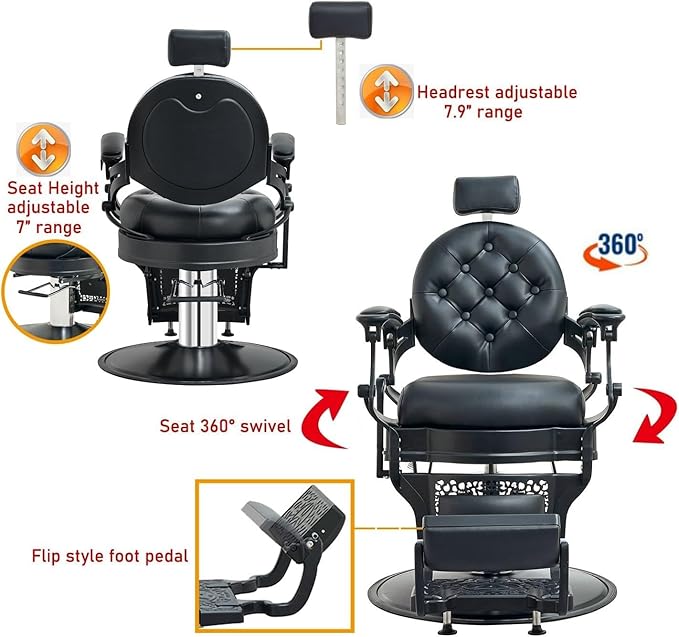 Kaleurrier Hair Salon Chair for Stylist: Professional Height Adjustable Black Barber Chairs for Barbershop for Home - Vintage Heavy Duty 700lbs Hydraulic Recliner