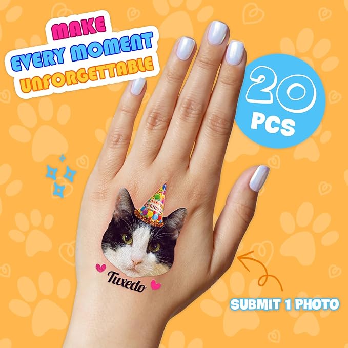 Custom Cat Face Temporary Tattoos - Personalized Pre-Cut Photo Cat Face Tattoos with Birthday Hat and Cat Name or Text - Funny Party Favors for Birthday, Cat Lovers - Set of 20 Unique Gifts