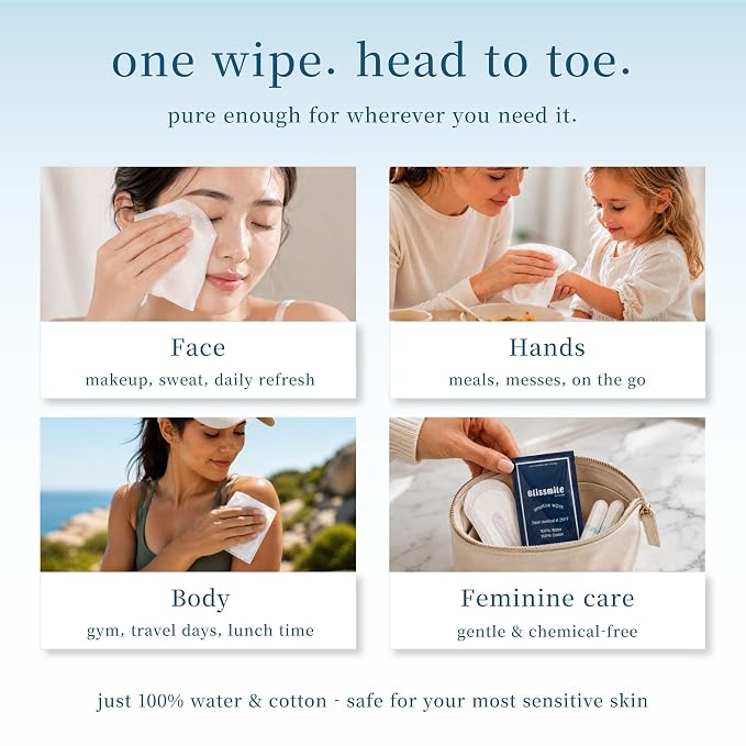 Blissmile 100% Water Wet Wipes, Individually Wrapped Travel Size - Unscented & Fragrance-Free, 100% Cotton - Gentle for Baby, Women & Sensitive Skin - Face, Hand, Body & Feminine Care - 110 ct