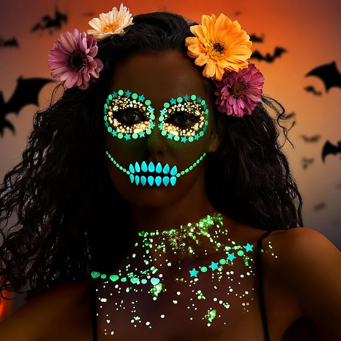 YGDZ Glow in The Dark Body Glitter, Face Glitter Gel, Mermaid Face Gems Kit, Hair Glitter Jewels for Makeup, Festival Outfits for UV Black Light Party, Rave Accessories for Women
