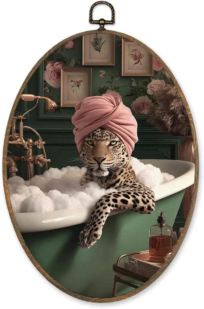 LKETW Funny Leopard Bathroom Oval Wall Art Decor, Retro Trendy Cheetah Animal Oval Canvas Hanging Decor, Whimsical Leopard in Bathtub Wall Decorations for Bathroom Washroom Restroom, 8.6x11.4 Inch