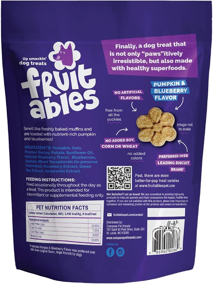 Fruitables Baked Dog Treats, Low Calorie Treats, Pumpkin & Blueberry, 20oz | Healthy Dog Treats, Training Treats, Crunchy Dog Biscuits, Limited Ingredient Recipe, Healthy Puppy Snacks, Made in USA