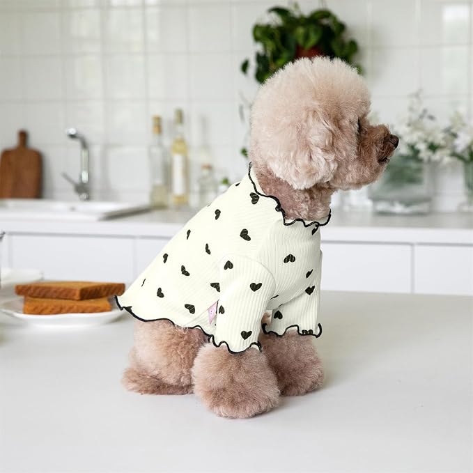 Pet Clothes for Small Dogs Cat Summer Fall Heart Print Shirt Stretchable Ruffle Long Sleeve Outfits for Chihuahua Schnauzer Shih Tzu Yorkie (Beige, Large)