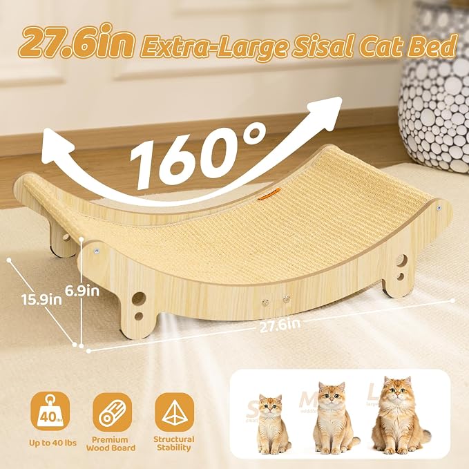 27.6" Sisal Cat Scratcher Bed Natural Sisal Wooden Cat Furniture | Cat Scratchers for Indoor for Scratching Pad Cat Chair Natural Sisal Scratch Post for Large Cats Scratcher Lounge(Large)