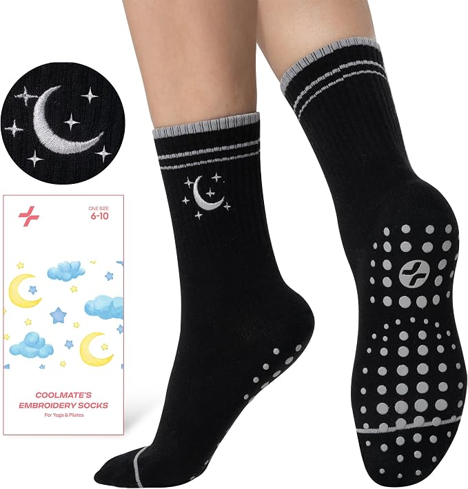 COOLMATE Pilates Socks with Grips for Women, Yoga Socks, Crew Non Slip Women for Barre, Pilates Gifts for Women