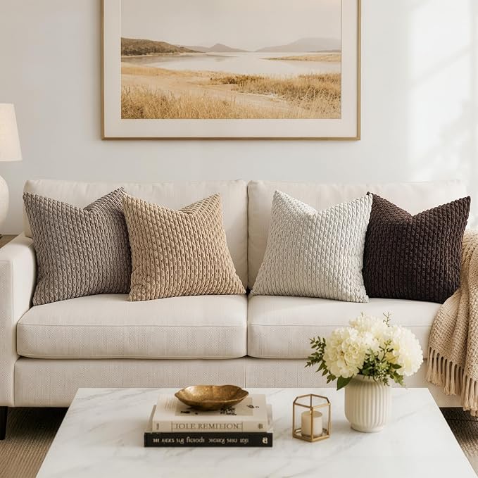 MIULEE Decorative Throw Pillow Covers 16x16 Neutral Brown Textured Corduroy | Pack of 2 Striped Pillow Covers Modern Farmhouse Fall Home Decor for Couch Bed Sofa Living Room