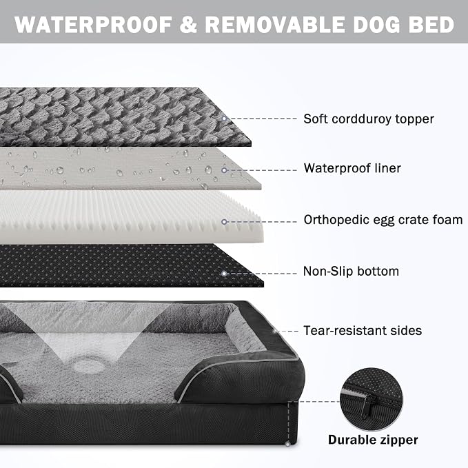 Orthopedic Dog Bed for Extra Large Dogs, XXL Egg-Crate Foam Dog Couch with Washable Removable Cover, Waterproof Lining and Nonskid Bottom