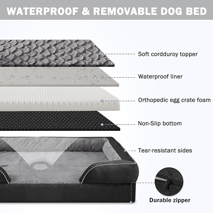 Orthopedic Dog Bed for Large Dogs, Washable Waterproof, Egg-Crate Foam Dog Couch Bed with Washable Removable Cover, Waterproof Lining and Nonskid Bottom
