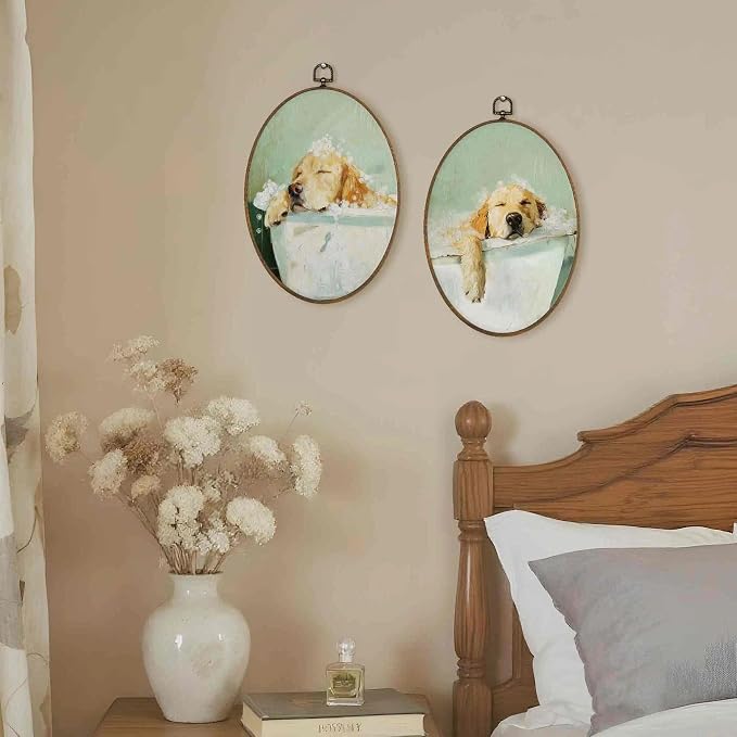 LKETW Funny Golden Retriever Bathroom Oval Wall Art Decor, Golden Retriever Gifts Oval Canvas Hanging Decor, Dog Sleeping in Bathtub Wall Decorations for Bathroom Washroom, 8.6x11.4 Inch Set of 2